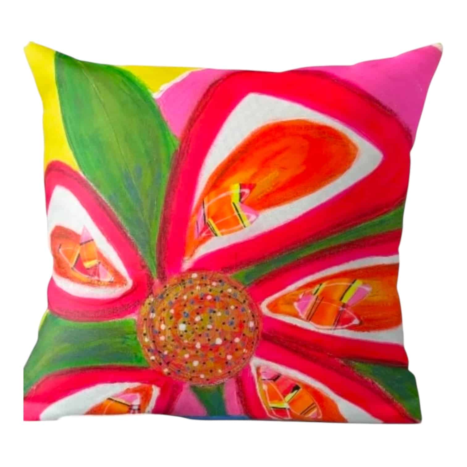 Bring home Lindy Farley’s 40cm x 40cm bold floral cushion, bursting with vibrant pinks, greens, and yellows. A perfect addition for a colourful decor.