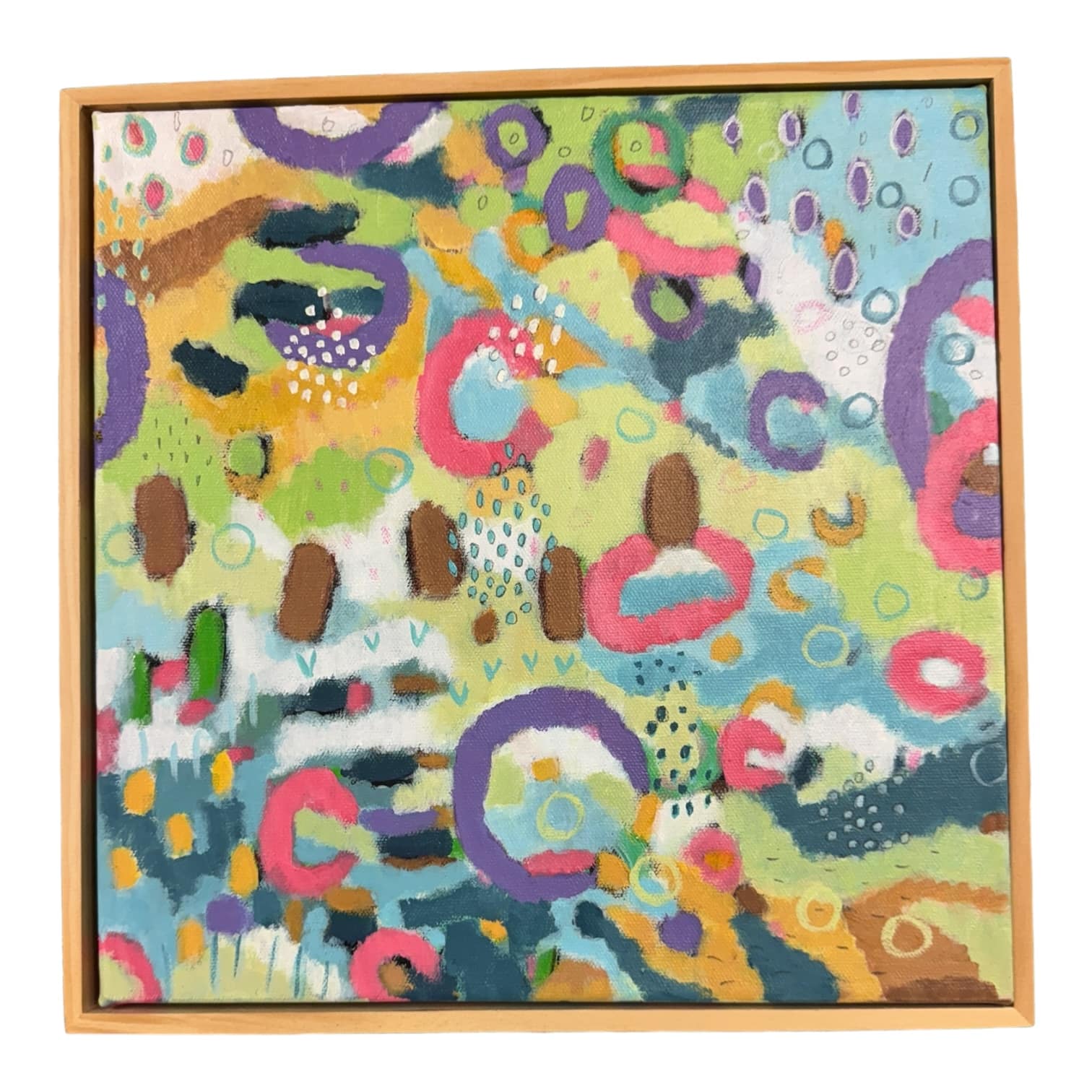 Quirky and fun this little abstract features all the colours of Liilia Lukianeko's garden with a modern twist! Float framed in pine and ready to hang 32cm x 32cm.