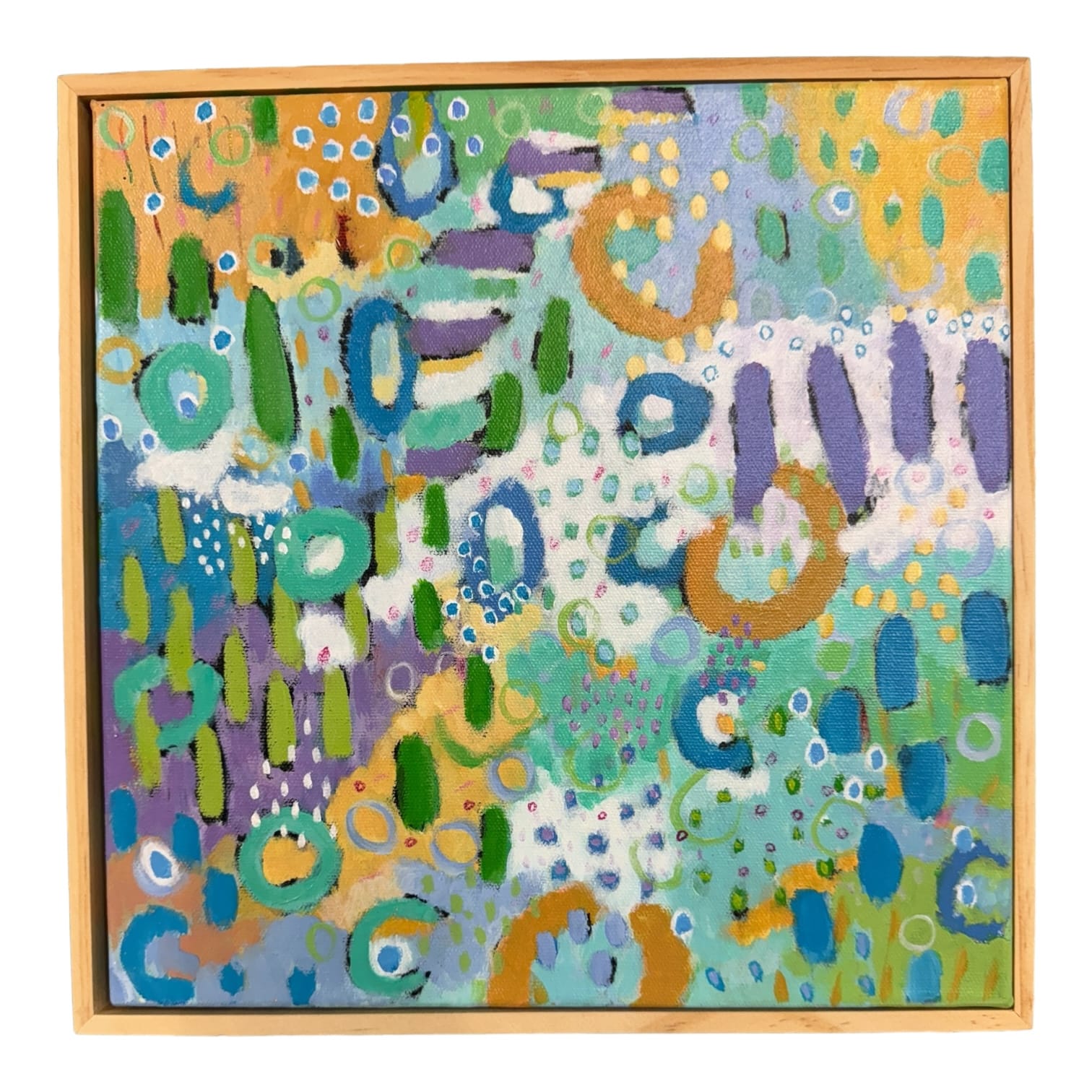 Quirky and fun this little abstract features all the colours of Liilia Lukianeko's garden with a modern twist! Float framed in pine and ready to hang 32cm x 32cm.