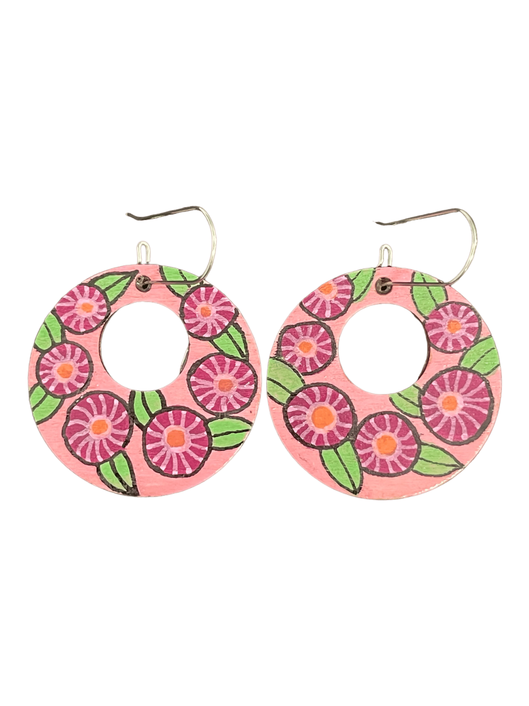 Super cute, hand painted earrings by Australian artist Dinah Lindon featuring her recognisable, Australian bush inspired palette. Light on the ears, hand painted wood with stainless hooks.