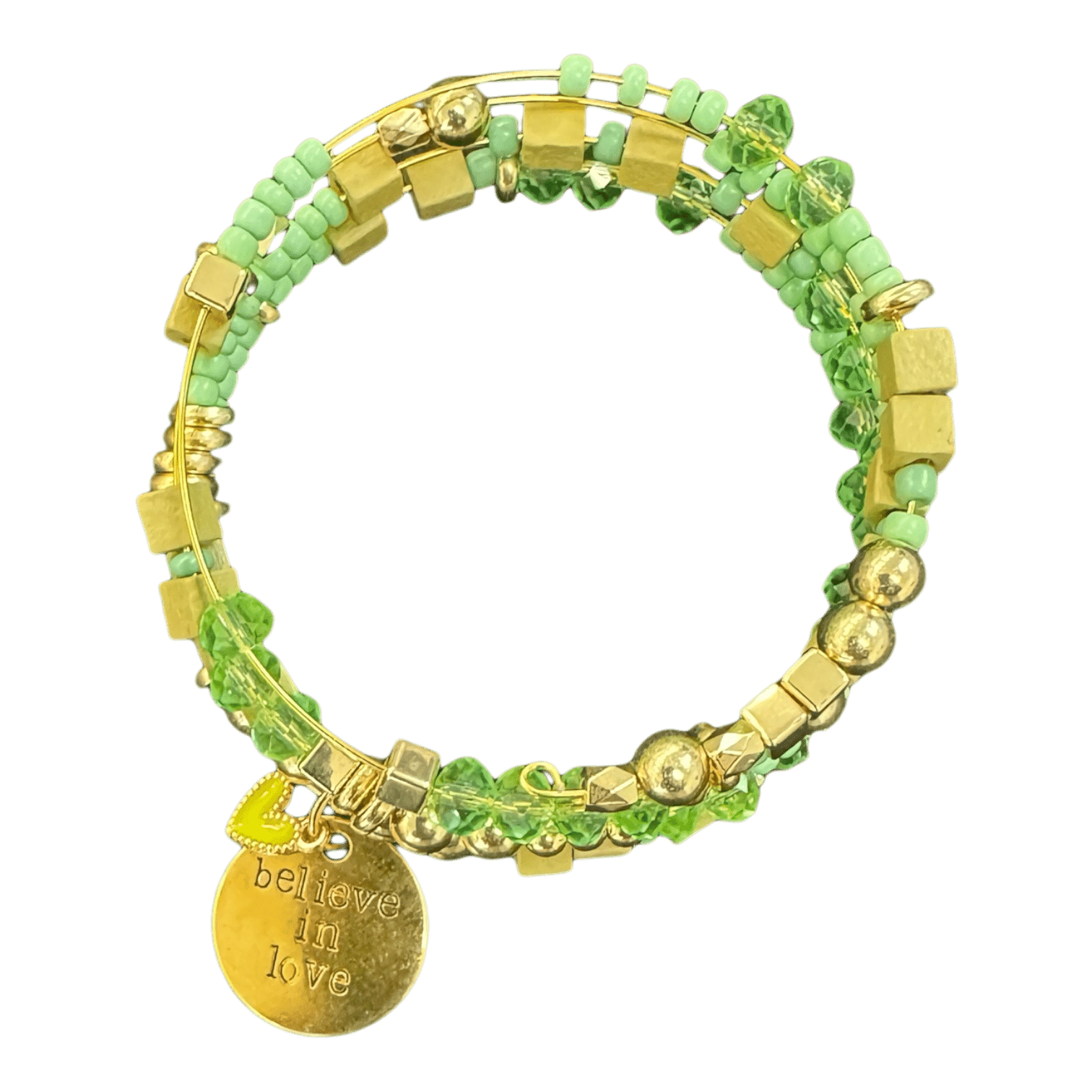 'Believe in love' mint glass and crystal bangle