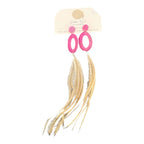 Pink Bliss mini-basket earrings by Gomeroi artist Debbie Wood. Handwoven raffia and Emu feathers. Festive, vibrant, and elegant.
