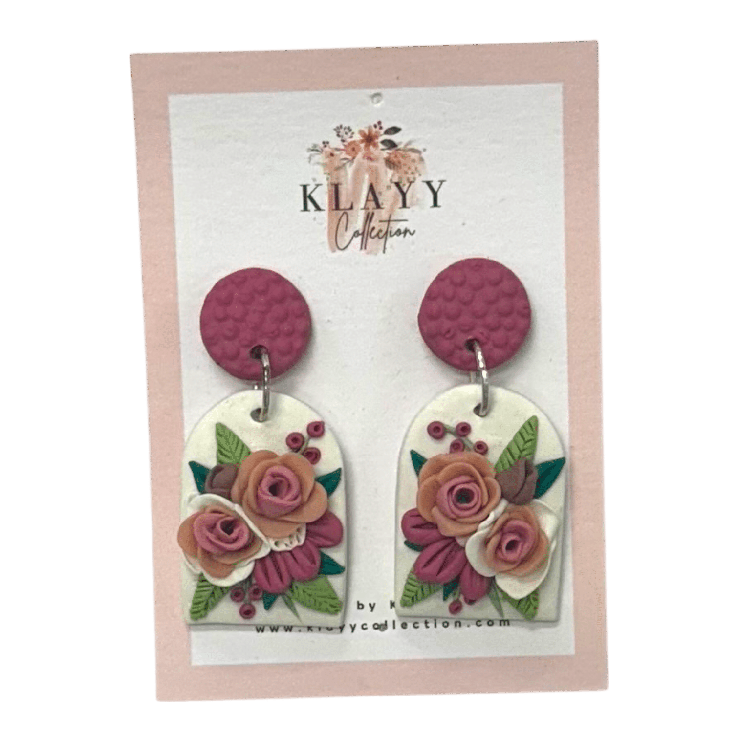 Romantic Blush & Bloom earrings by Klayy Collection – handmade polymer clay florals in mauve & blush. Elegant, feminine, & lightweight statement drops.