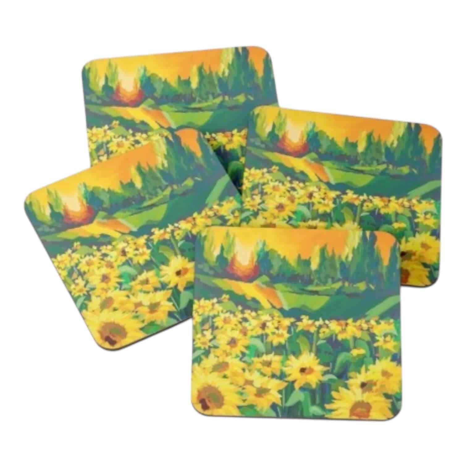 Radiant Sunflowers Coasters by Maggie Deall. Vibrant sunset and floral art, cork-backed and durable. A cheerful addition to your home!