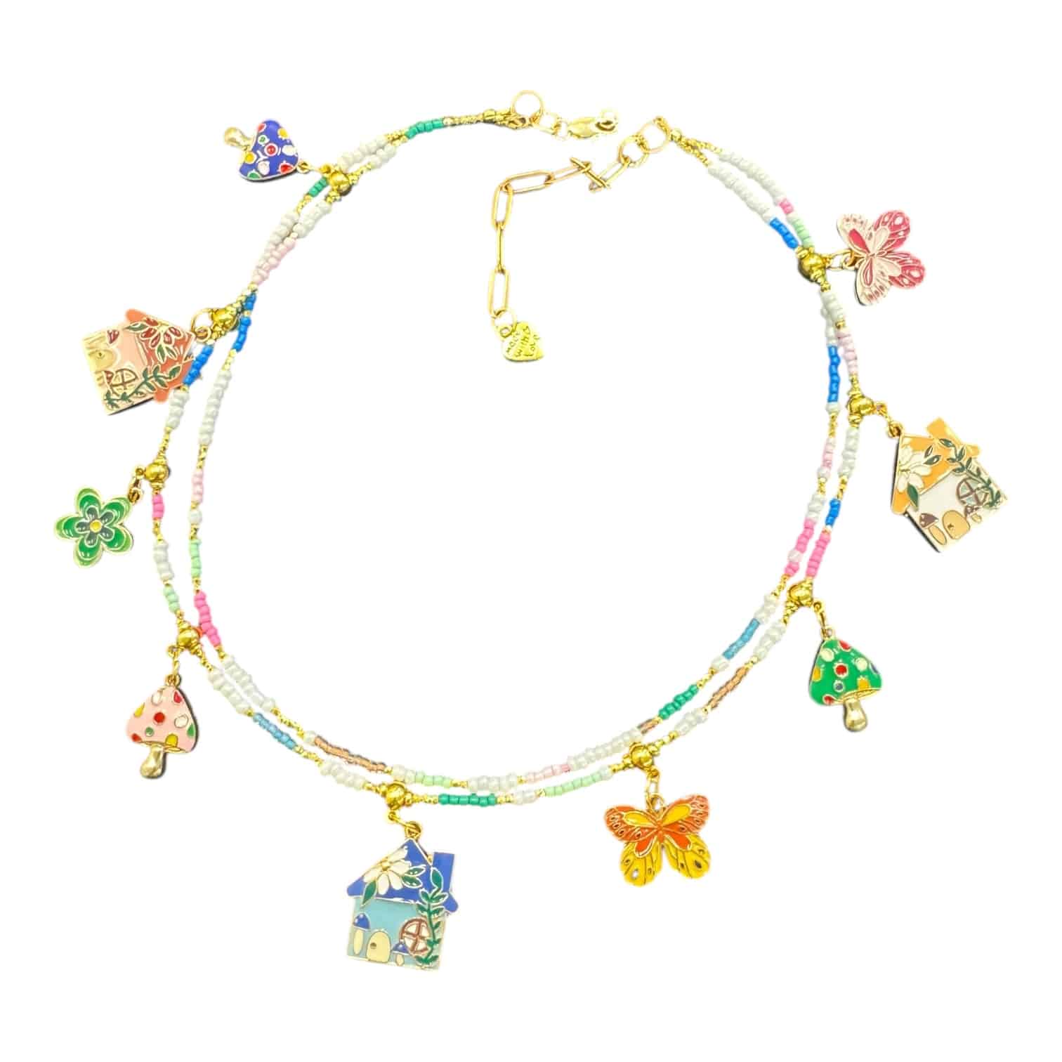 “Fairy Tale Ending” handmade Art in Stone necklace — enamel fairy charms, semi-precious stones & whimsical Australian jewellery.
