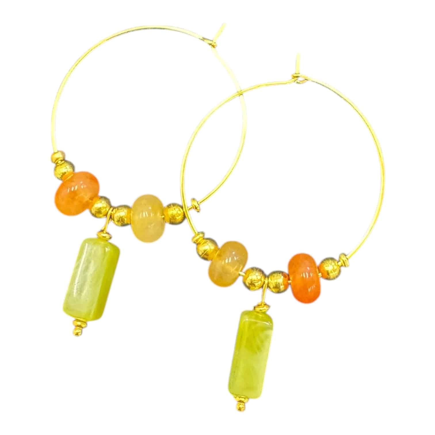 Citrus Bloom Hoops by Art in Stone — handmade green and orange gemstone hoop earrings with gold detail for fresh, summer-inspired style.