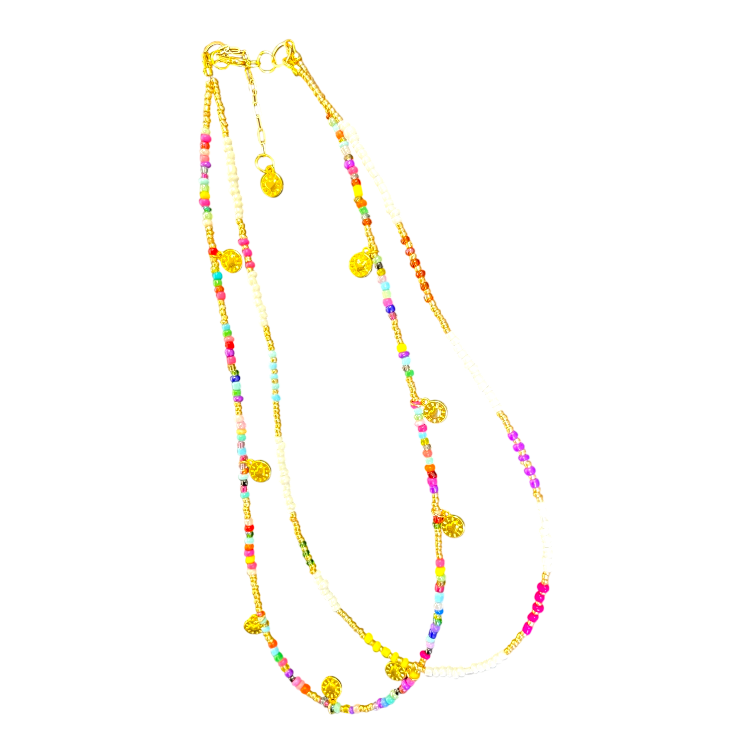“Goldie Locks” handmade Art in Stone necklace — gold coin discs, rainbow beads & semi-precious stones. Colourful, fun Australian jewellery.