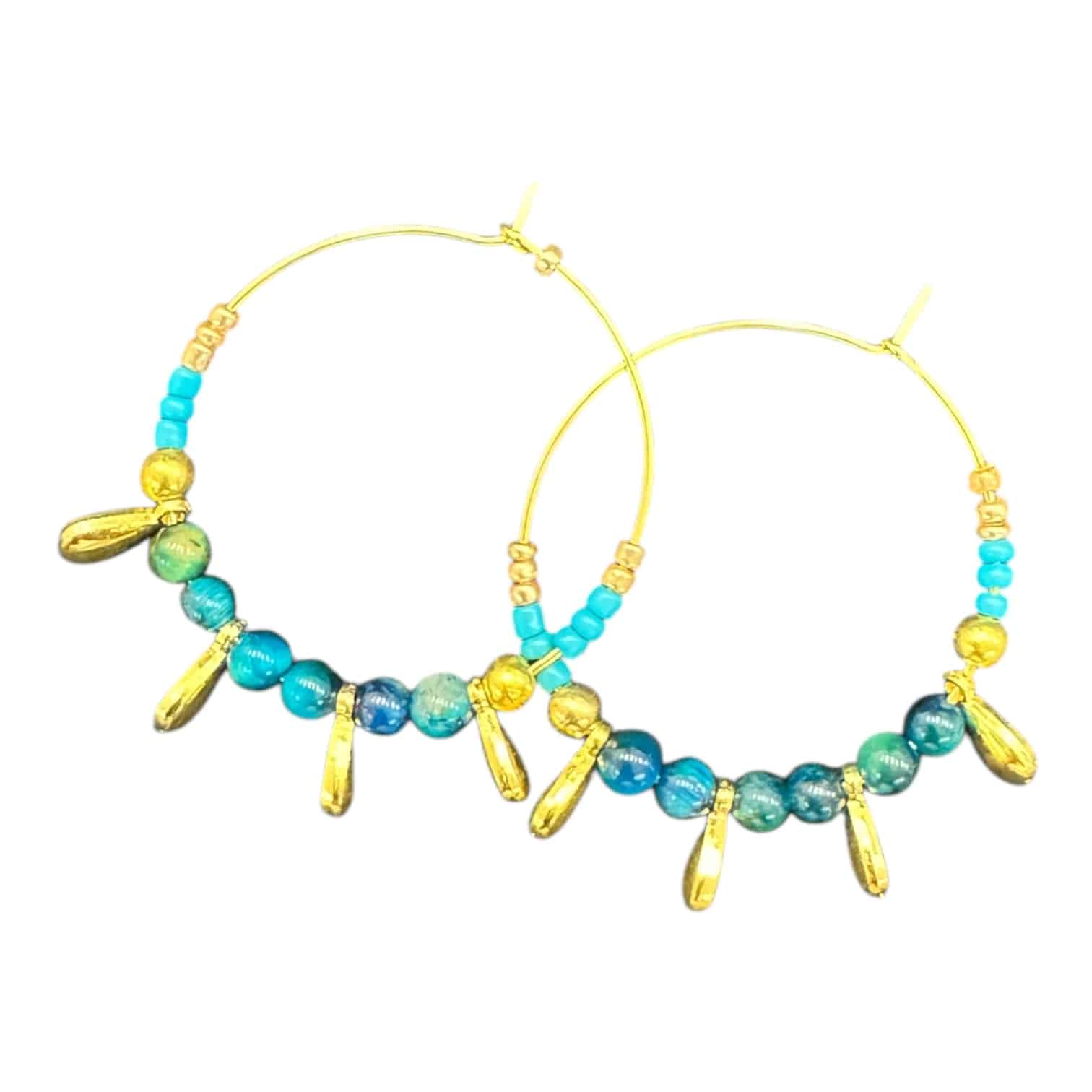 Ocean Drop Hoops by Art in Stone — handmade earrings with ocean stones and gold droplet charms. Light, fresh, and one of a kind!