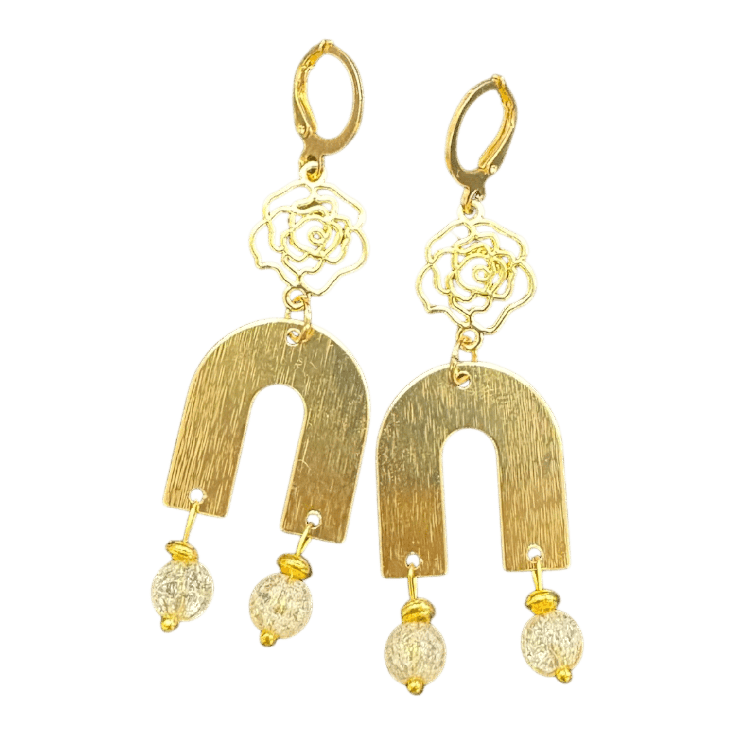 Golden Garden Earrings by Art in Stone — handmade gold arches with floral filigree tops and crystal beads for timeless, elegant sparkle.