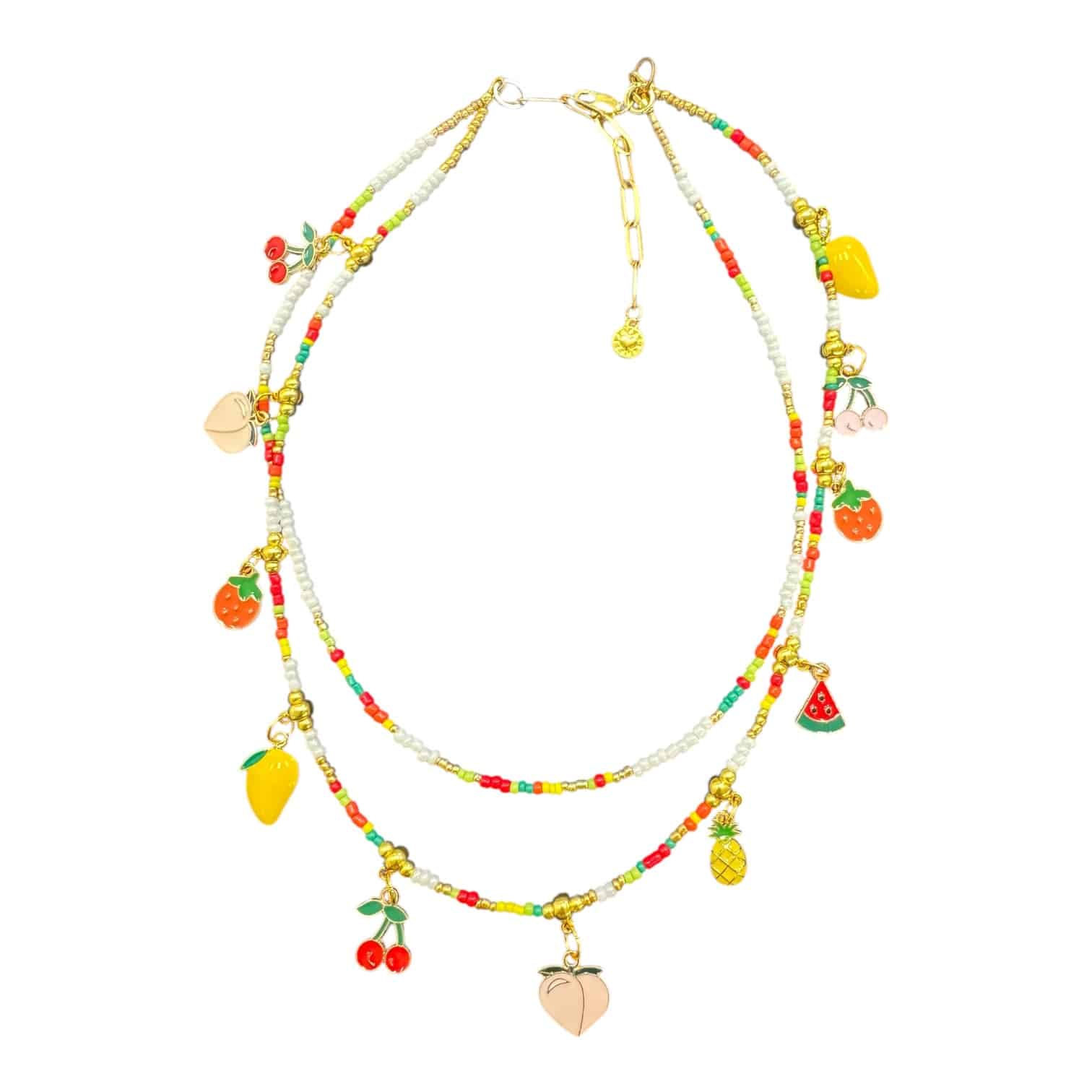 “Fruit Salad Days” handmade Art in Stone necklace — enamel fruit charms, semi-precious stones & fun nostalgic Australian jewellery.