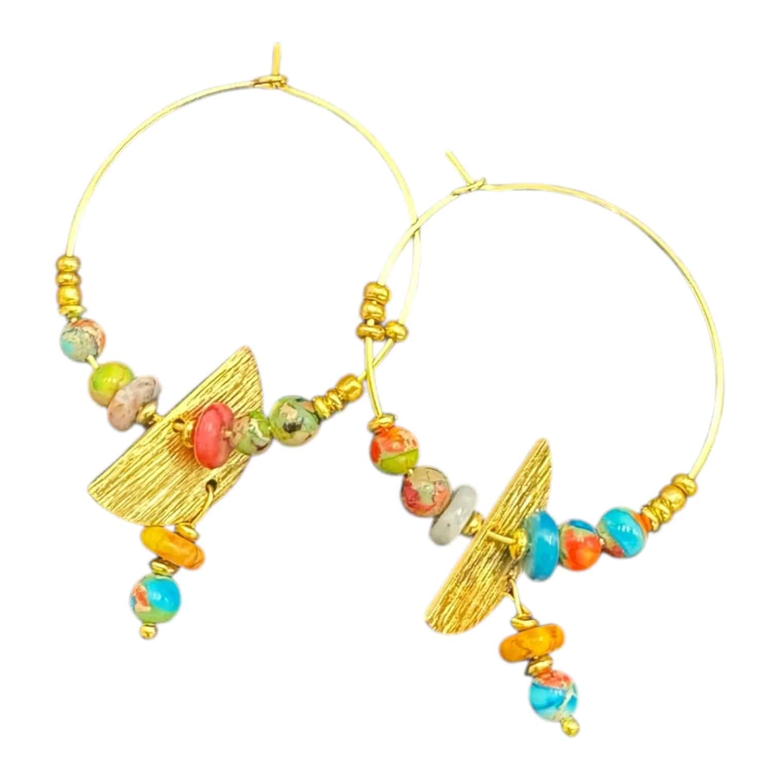 Bohemian Arcadia Hoops by Art in Stone — handmade gold and multicolour bead hoop earrings with brushed-gold charms for joyful boho style.