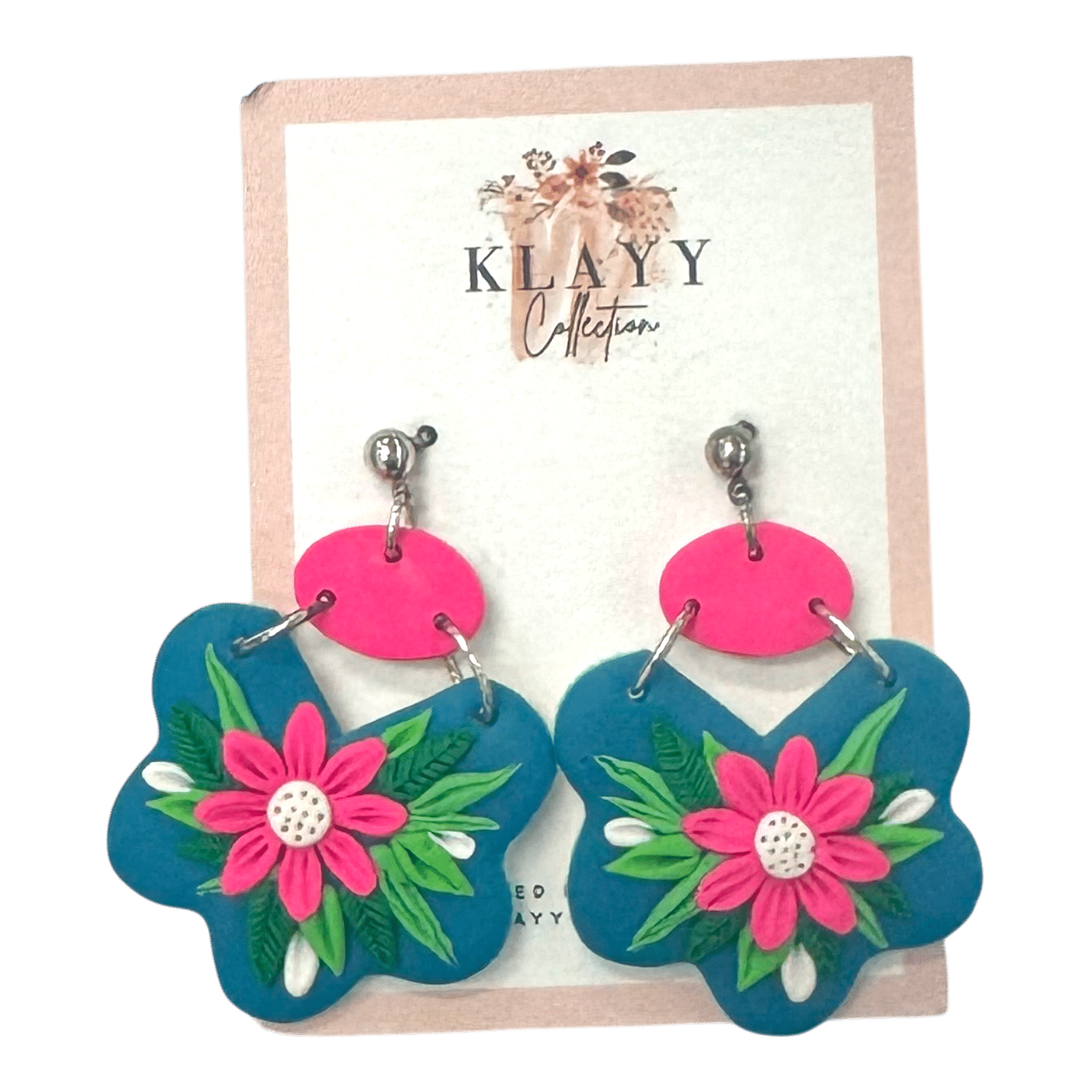 Handmade Tropical Fiesta Earrings by Klayy Collection — bright pink floral polymer clay earrings bursting with colour and tropical joy.