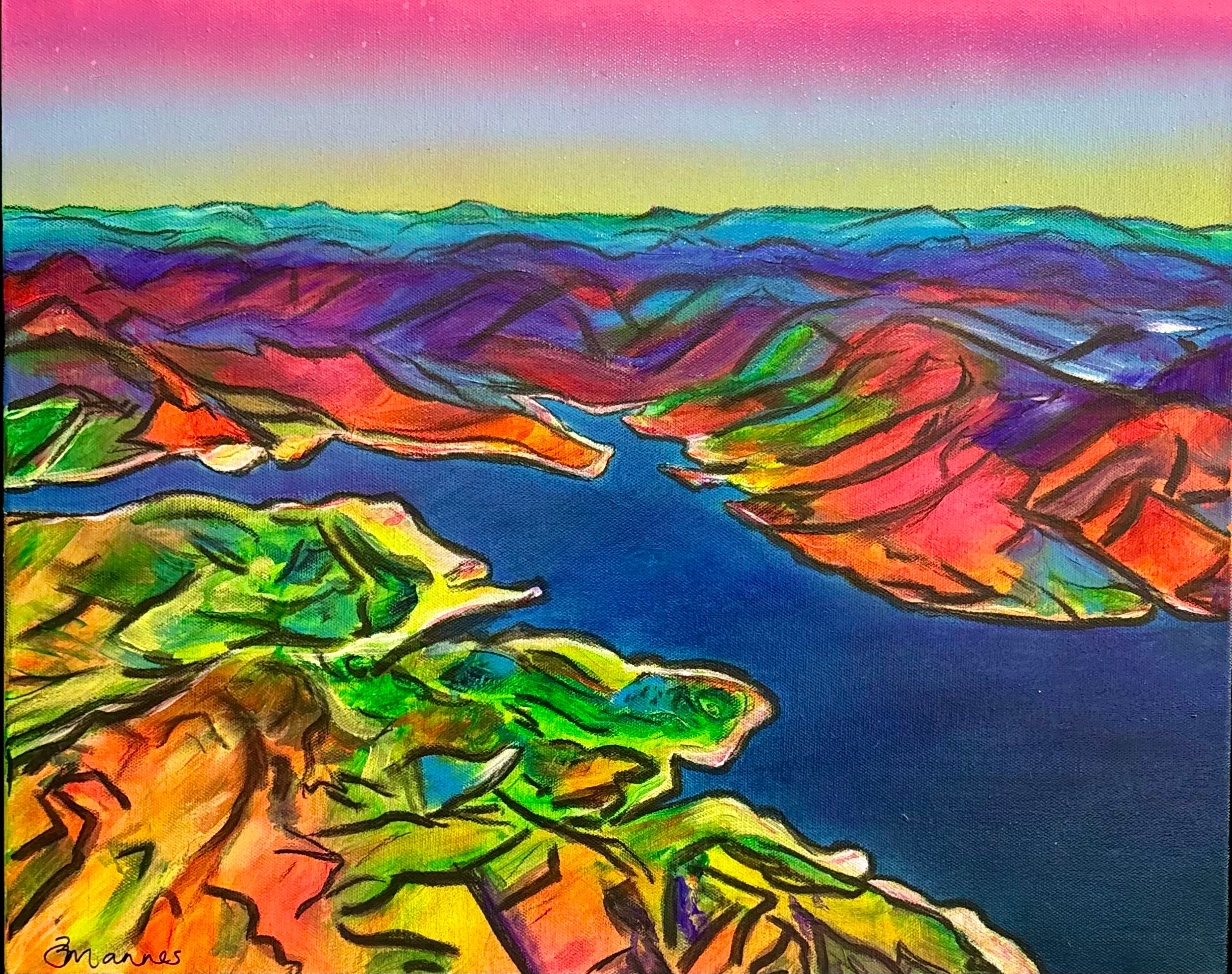 Talbingo Reservoir by Bridgette Mannes is a bold acrylic and charcoal landscape, float framed, showcasing the beauty of Australia's Snowy Mountains.