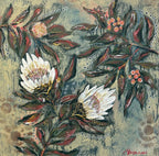 Sugarbush 1 by Bridgette Mannes features bold native proteas and textured detailing. Float framed in flooded gum and ready to hang.