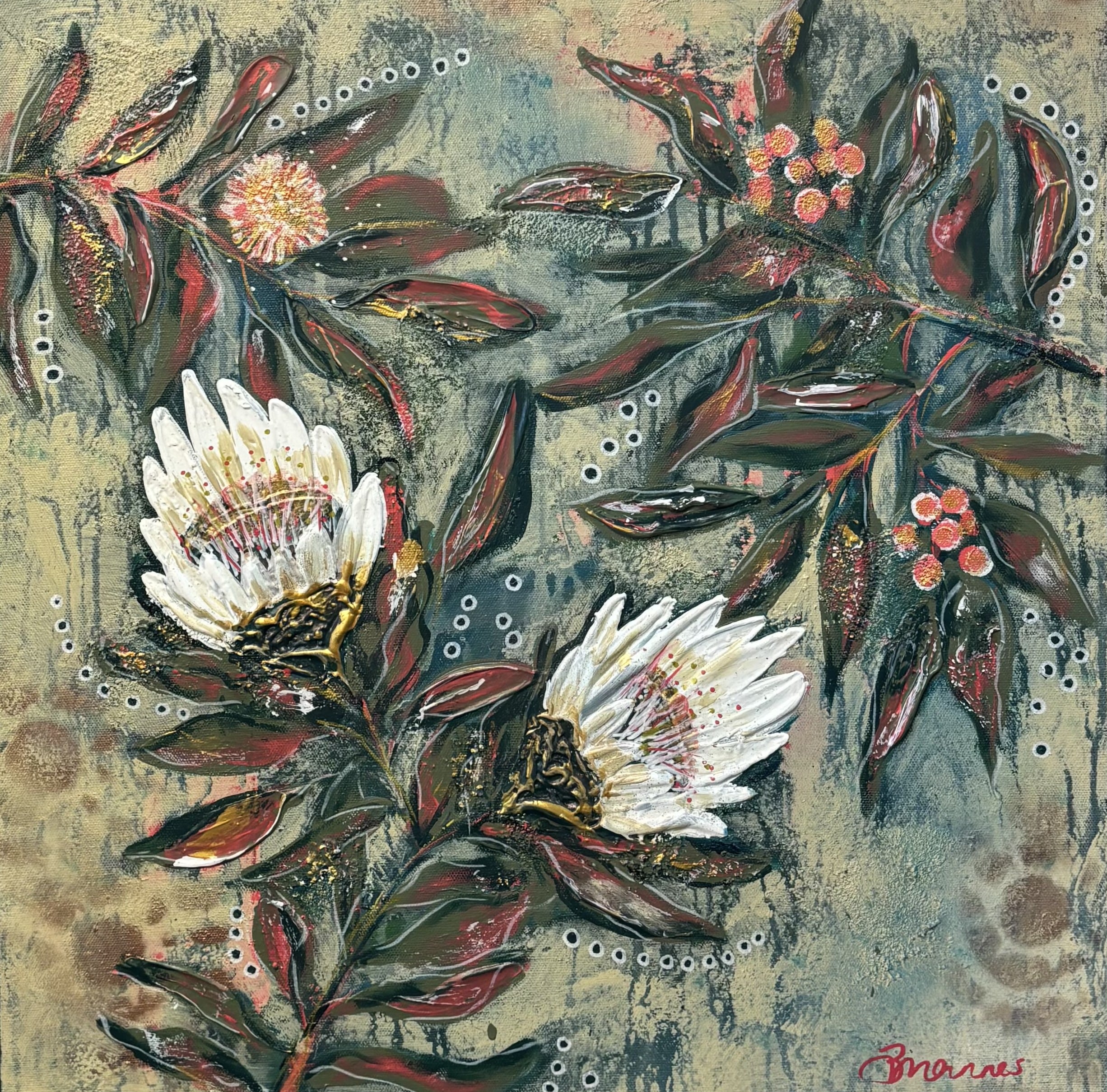 Sugarbush 1 by Bridgette Mannes features bold native proteas and textured detailing. Float framed in flooded gum and ready to hang.