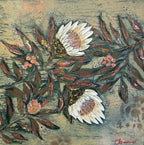 Sugarbush 2 by Bridgette Mannes showcases textured proteas and native flora. Float framed in flooded gum and ready to hang.