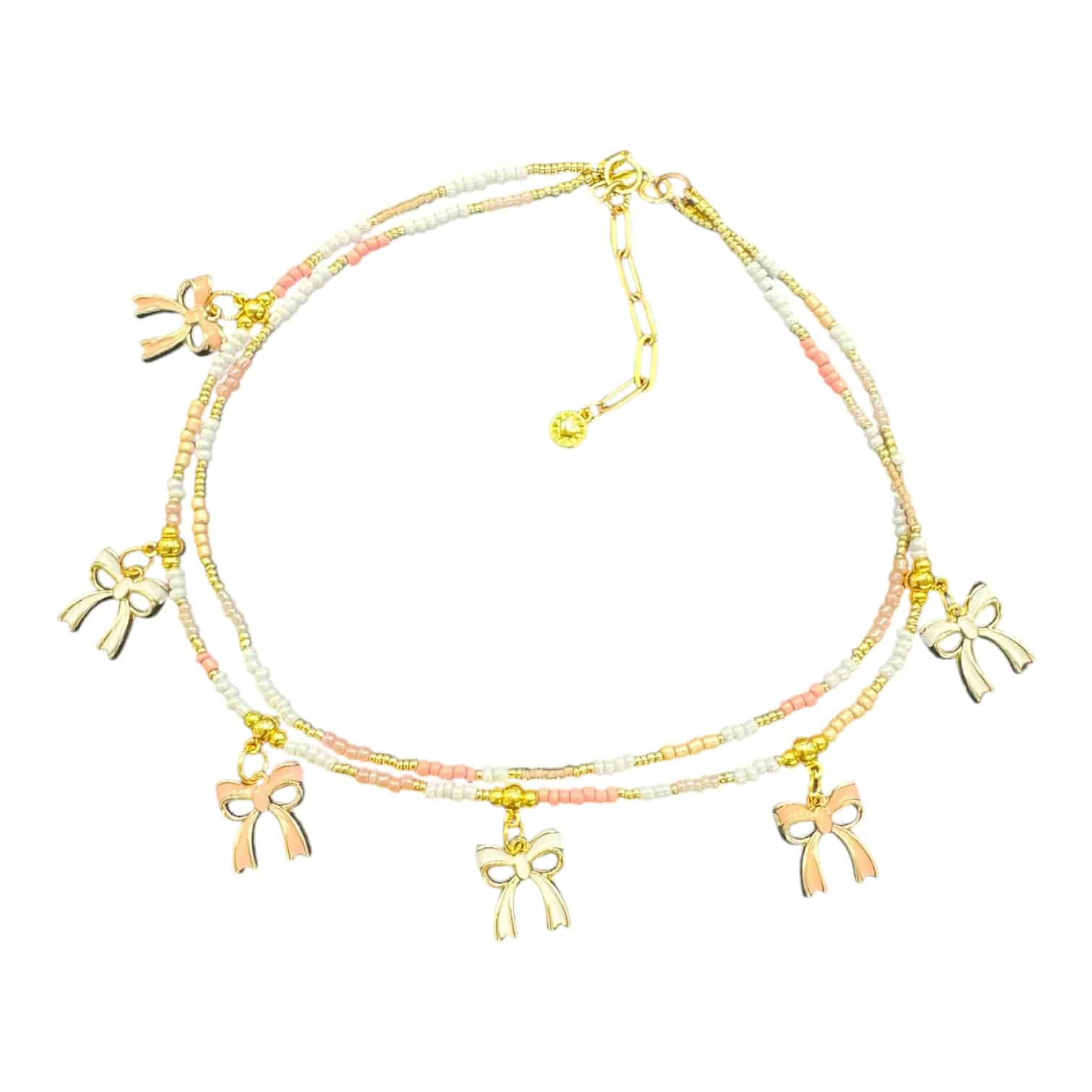 “Bow Down” Art in Stone necklace — handmade in Australia with pastel enamel bows, semi-precious stones & playful 90s nostalgia.