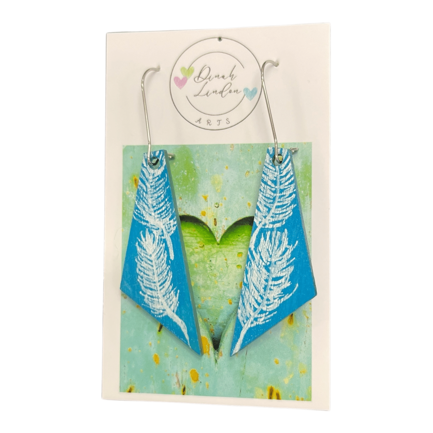 Featherlight Arrows – soft blue earrings with white handpainted feathers in a modern angled shape by Dinah Lindon Artist.