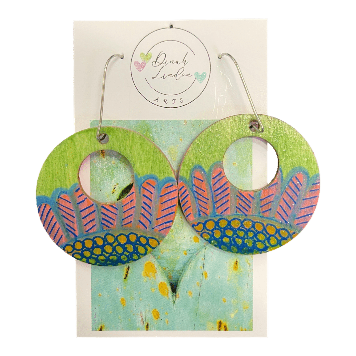 Sugarleaf Hoops – round earrings with pink leaves and navy-gold dots on a green background, handpainted and gloss sealed.