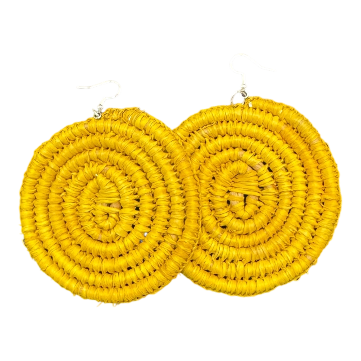 Yellow handwoven raffia earrings by Gomeroi artist Debbie Wood. Lightweight Indigenous jewellery inspired by wattle. Shop Australian handmade earrings.