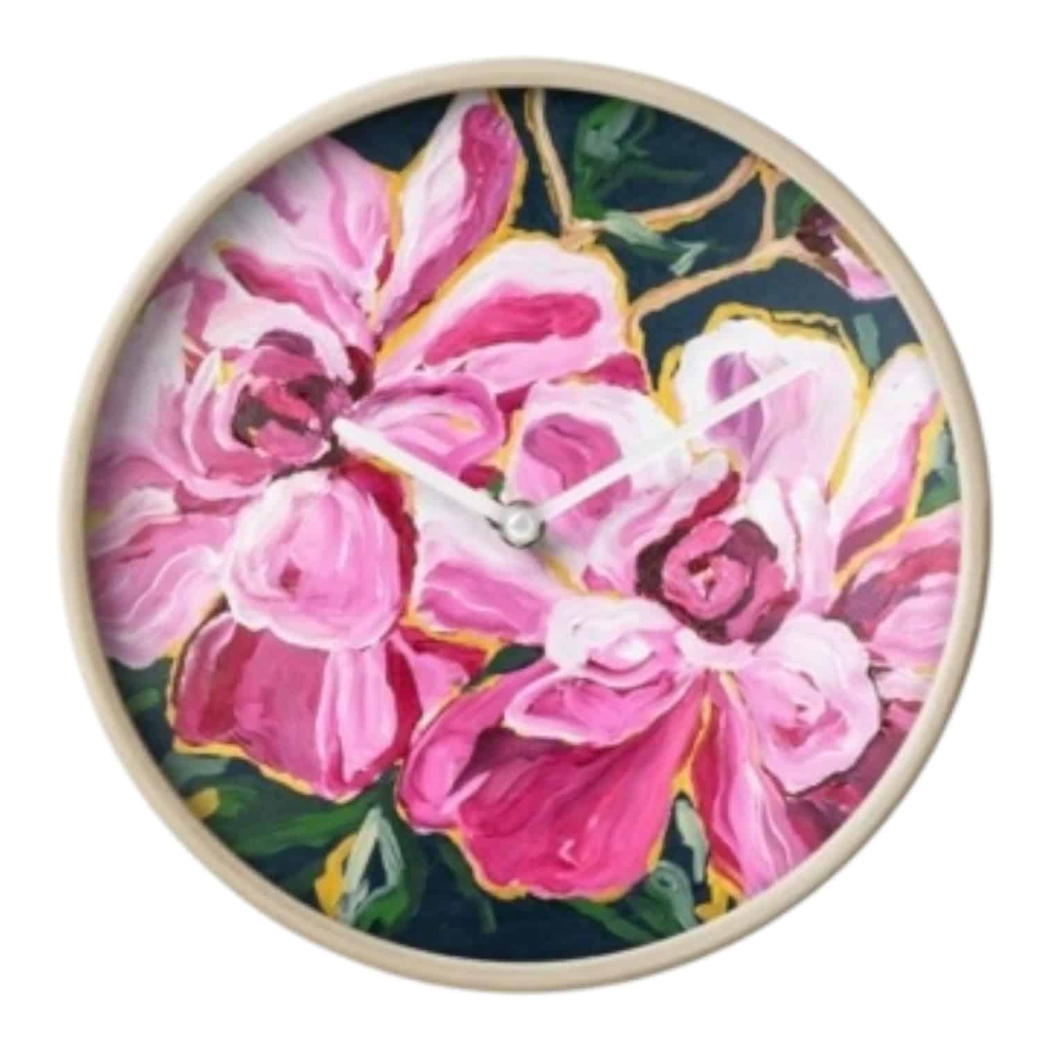 Add moody elegance to your space with the Midnight Peonies Clock by Maggie Deall. A bold floral design with timeless appeal.