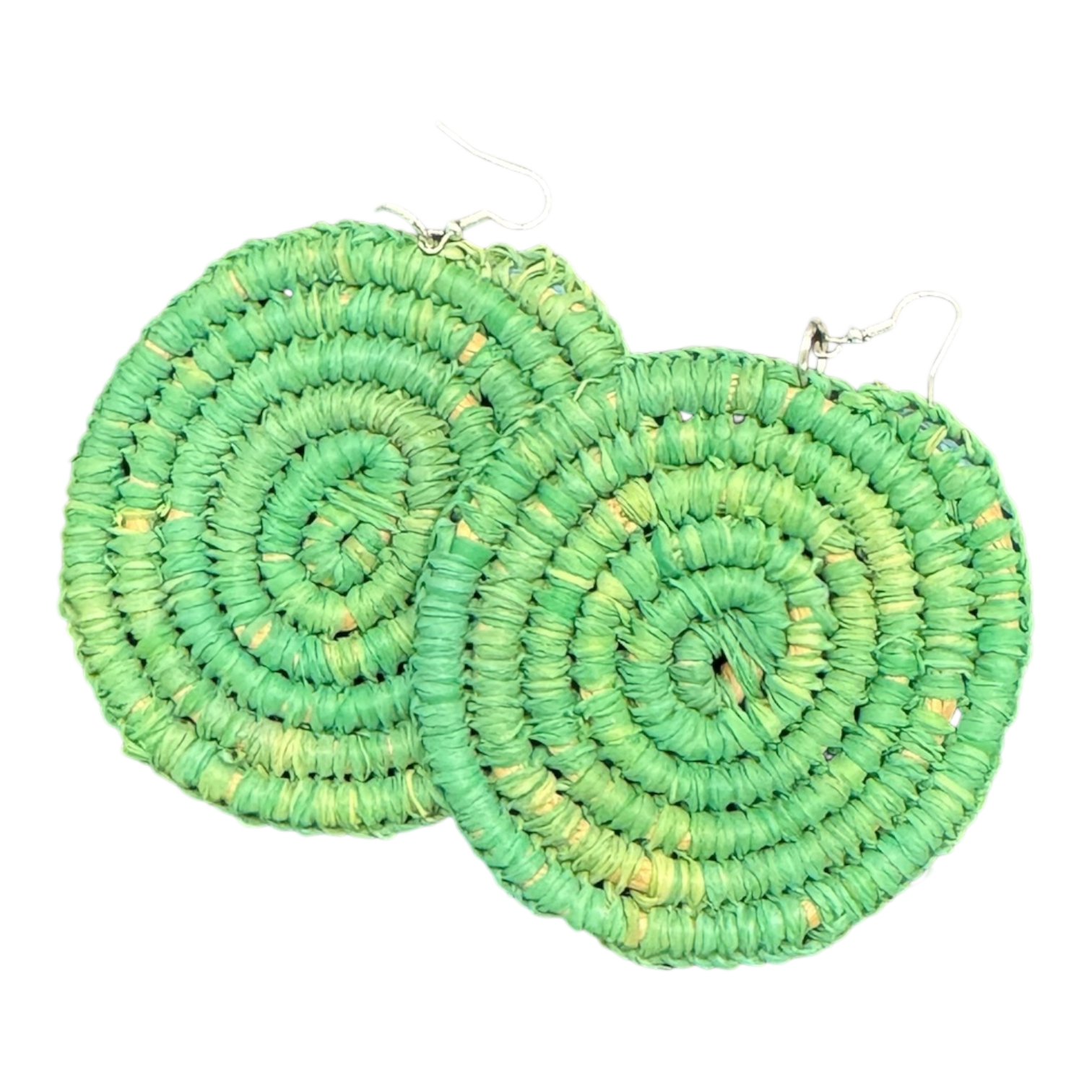 Green raffia earrings by Gomeroi artist Debbie Wood. Lightweight Indigenous spiral jewellery. Shop unique Australian handmade earrings.