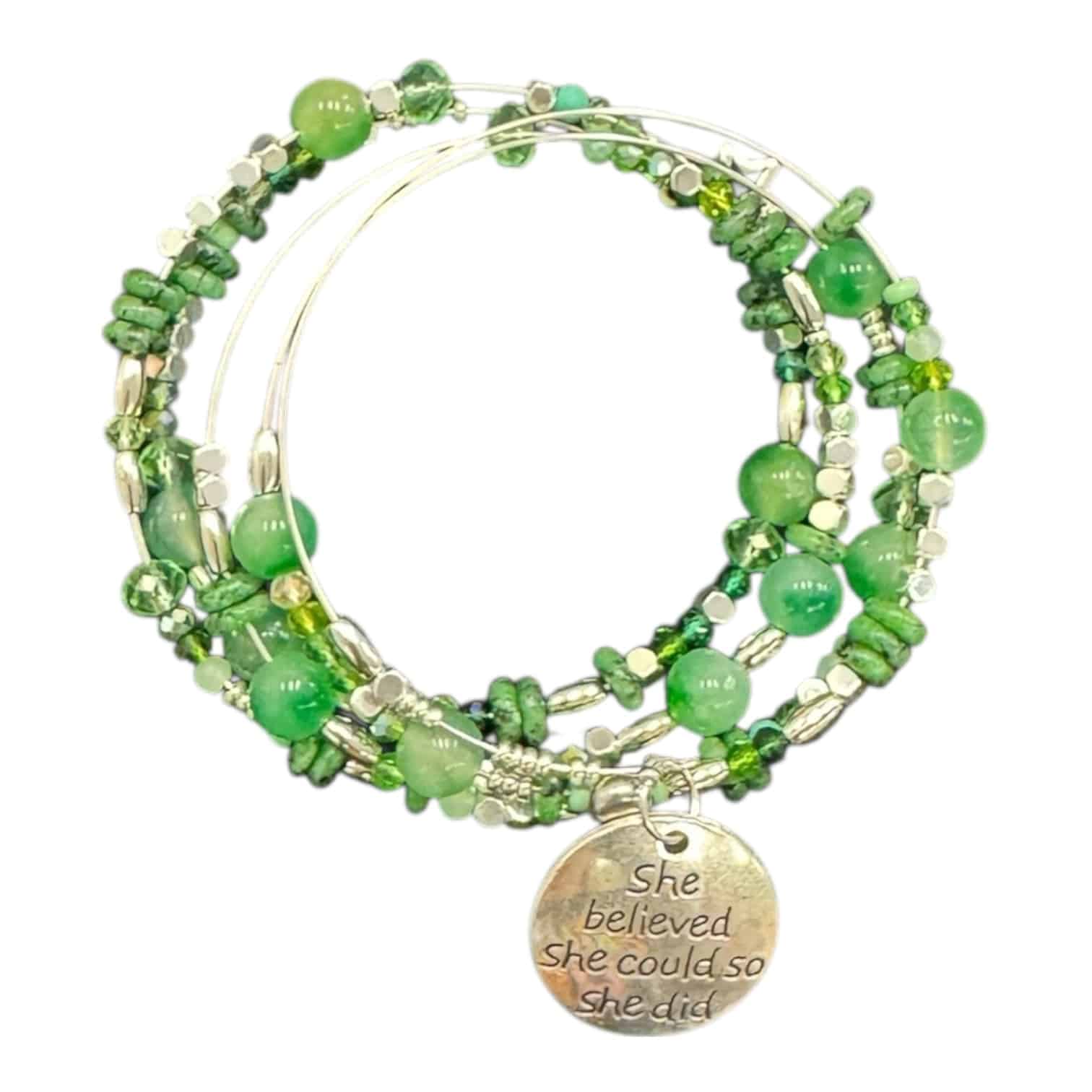 A bracelet that inspires strength — the She Believed Bracelet in green and silver celebrates confidence, courage, and new beginnings.