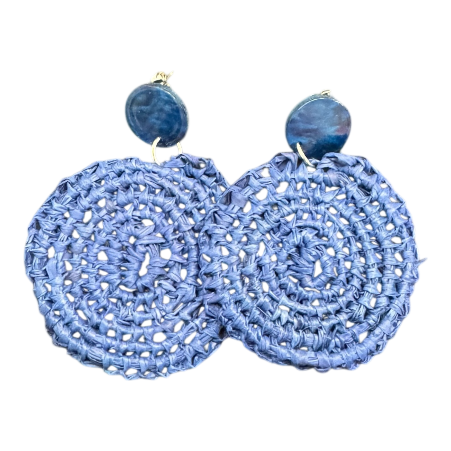 Handwoven blue raffia earrings by Gomeroi artist Debbie Wood. Lightweight Indigenous jewellery inspired by river and sky. Shop Australian handmade earrings.