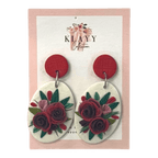 Handmade Rosie Revival polymer clay earrings by Klayy Collection – bold red floral statement drops with textured detail. Lightweight & romantic.