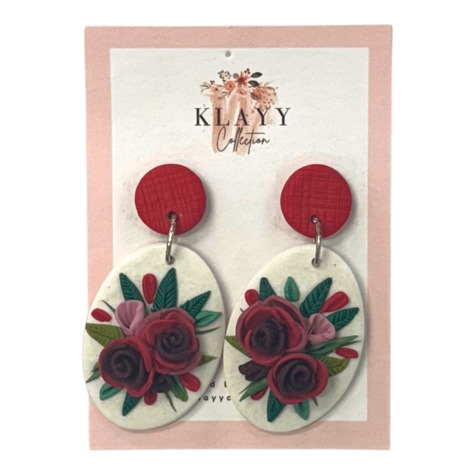 Handmade Rosie Revival polymer clay earrings by Klayy Collection – bold red floral statement drops with textured detail. Lightweight & romantic.