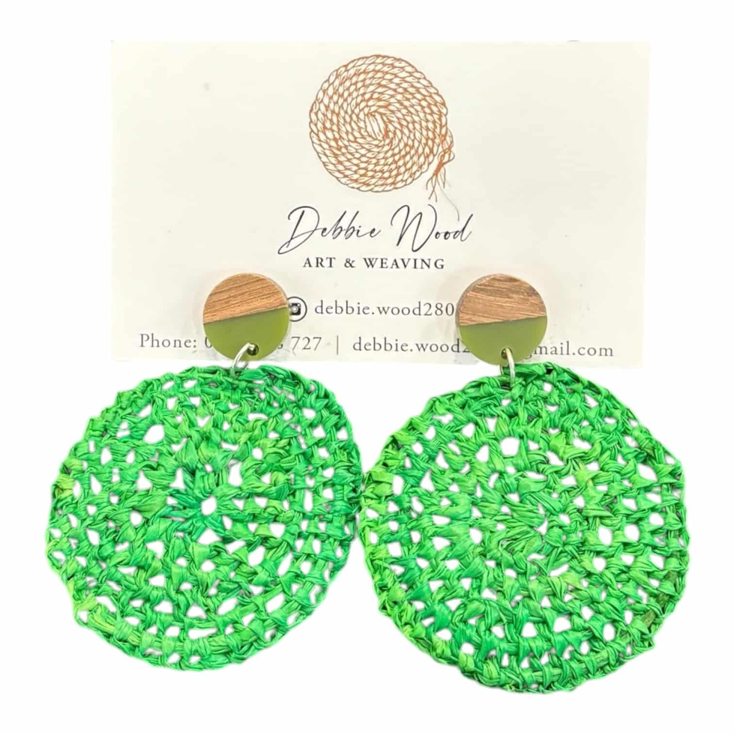 Embrace nature with "Green Goddess" Raffia Earrings, handwoven by Gomeroi artist Debbie Wood on Wiradjuri Country. Vibrant, earthy, and handcrafted with care!