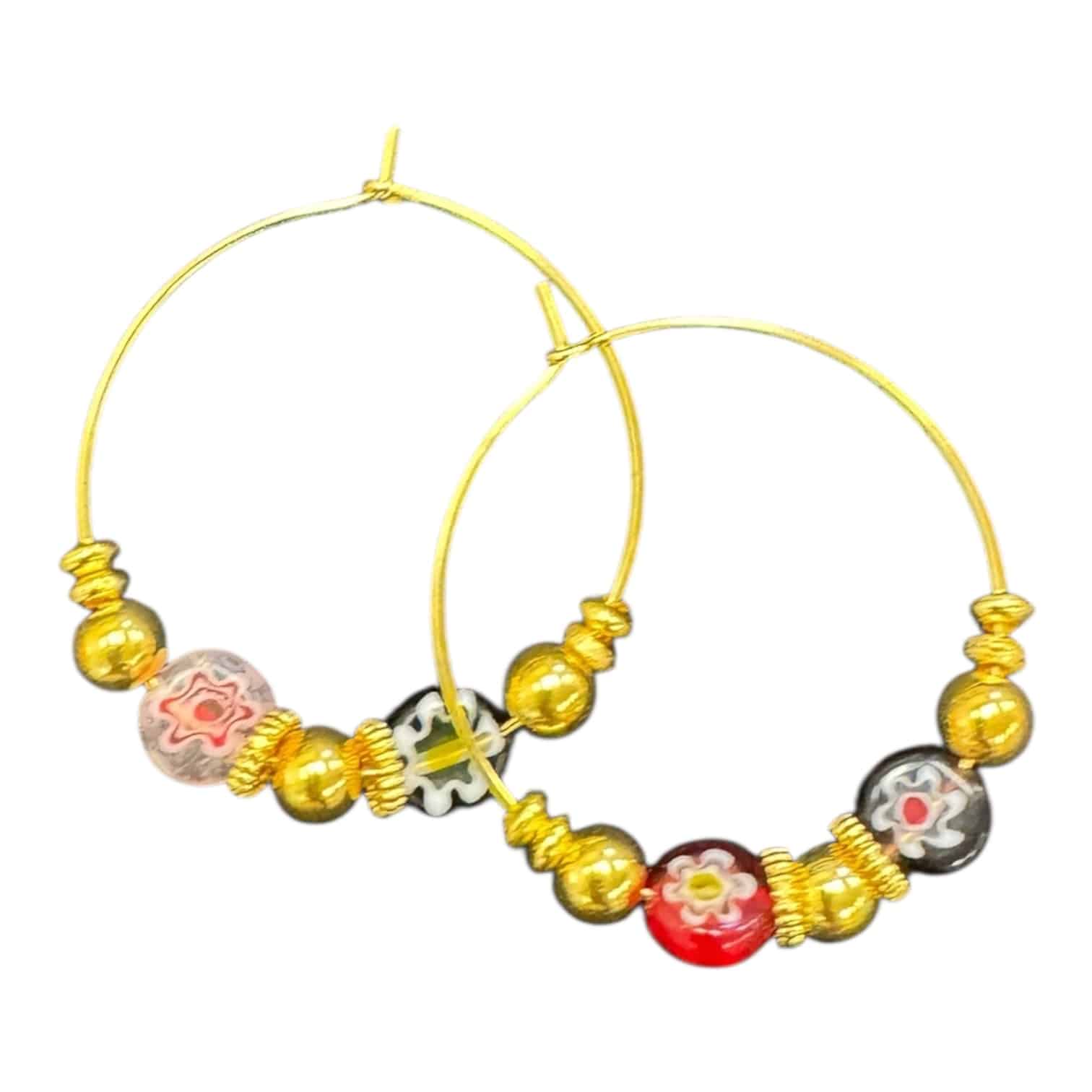 Millefiori Muse Hoops by Art in Stone — handmade gold hoop earrings with colourful Italian glass millefiori beads for vibrant artisan style.