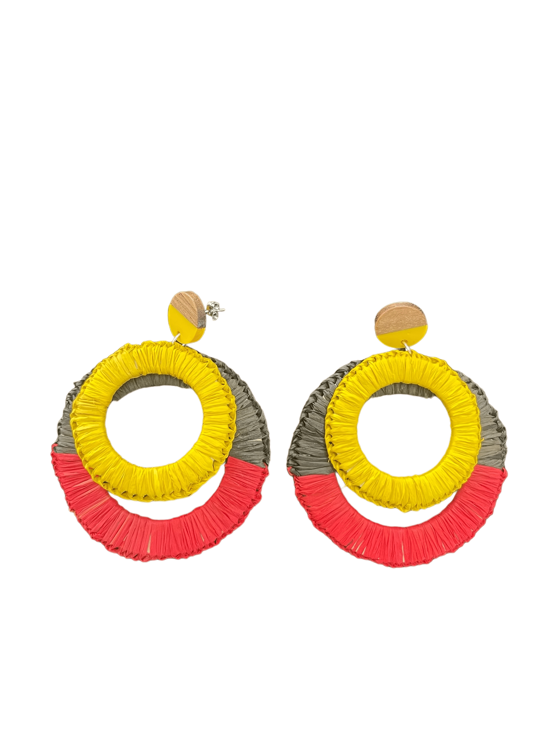Red, yellow and dark grey double hoop hand woven earrings by Debbie Wood