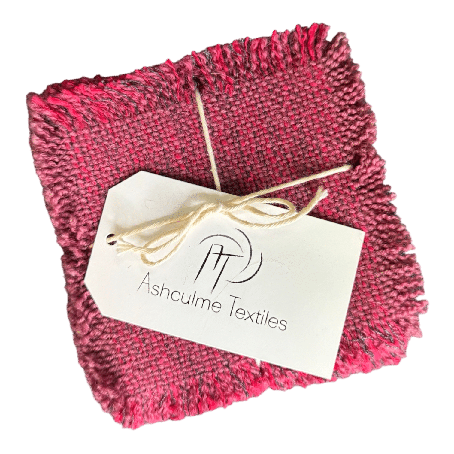 Handwoven merino and alpaca coasters in rich berry tones, dyed with natural materials. A warm and vibrant set of four by Ashculme Textiles.