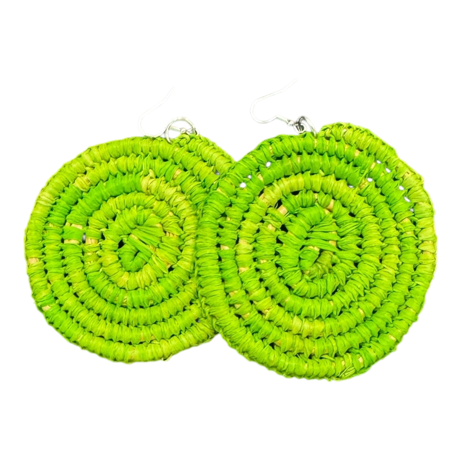 Bright green raffia earrings by Gomeroi artist Debbie Wood. Lightweight handwoven Indigenous jewellery. Shop unique Australian handmade earrings.