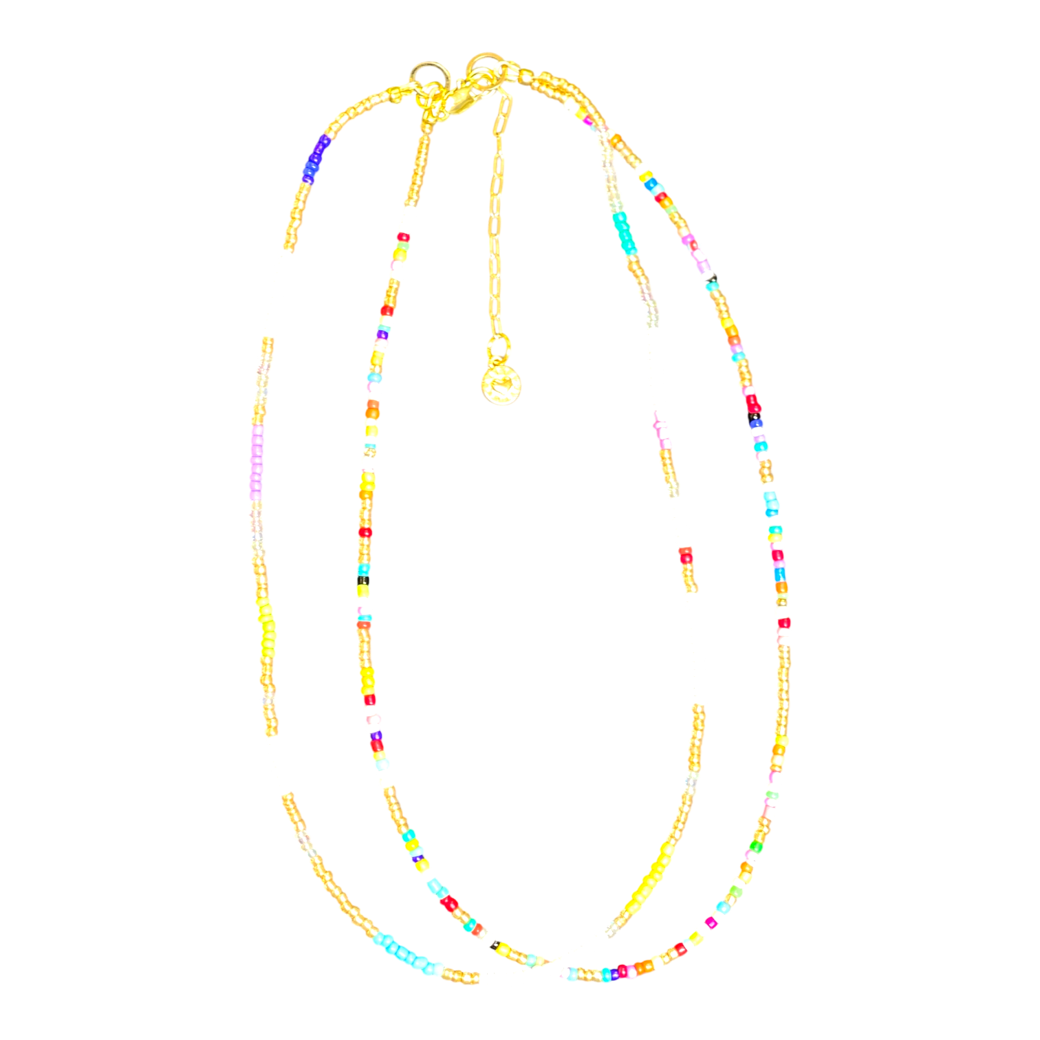 “Rainbow Bright” handmade Art in Stone necklace with rainbow beads & semi-precious stones — fun, colourful, nostalgic Australian jewellery.