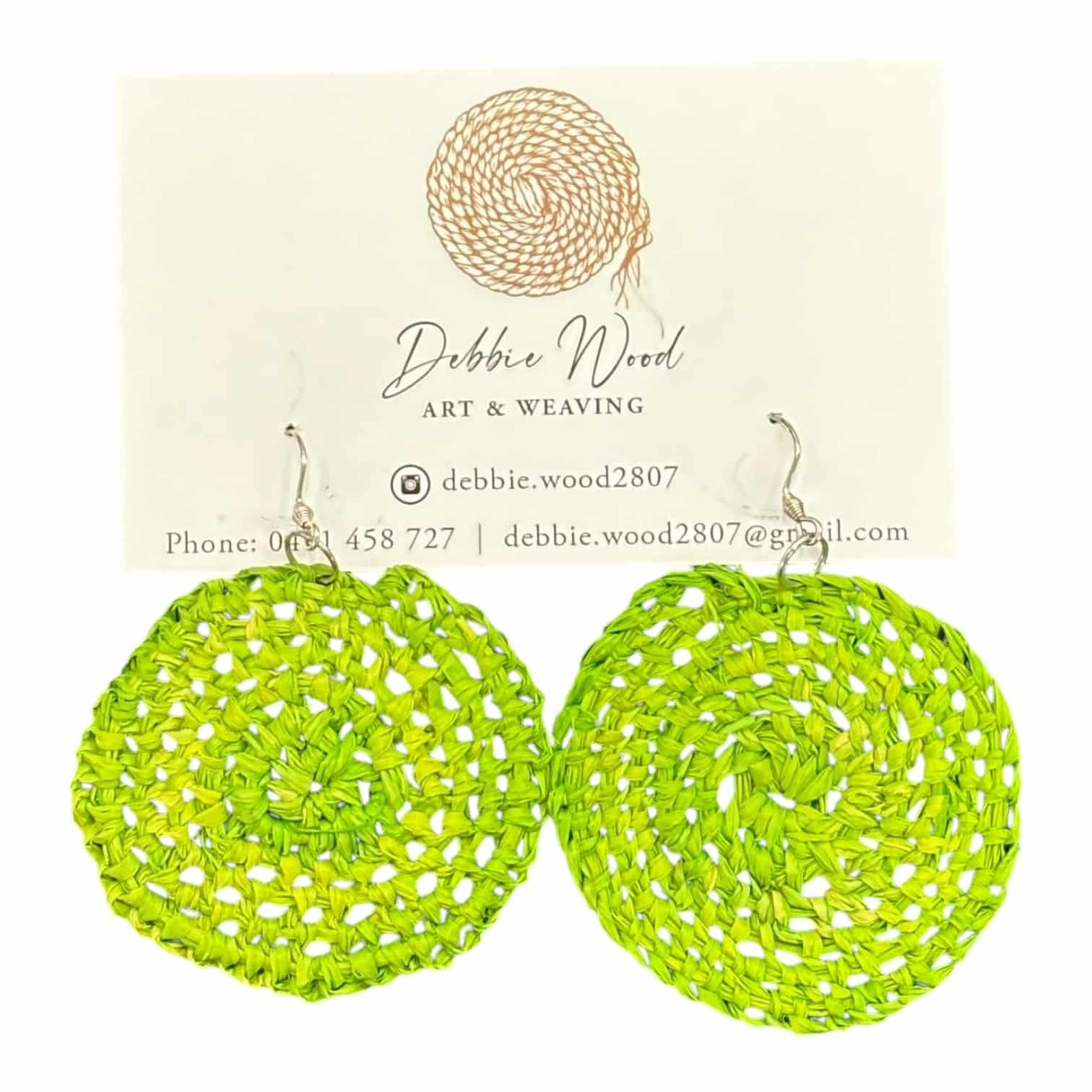 Lime Twist Handwoven Earrings - Vibrant lime green raffia design by Debbie Wood, perfect for adding a pop of color to your look.