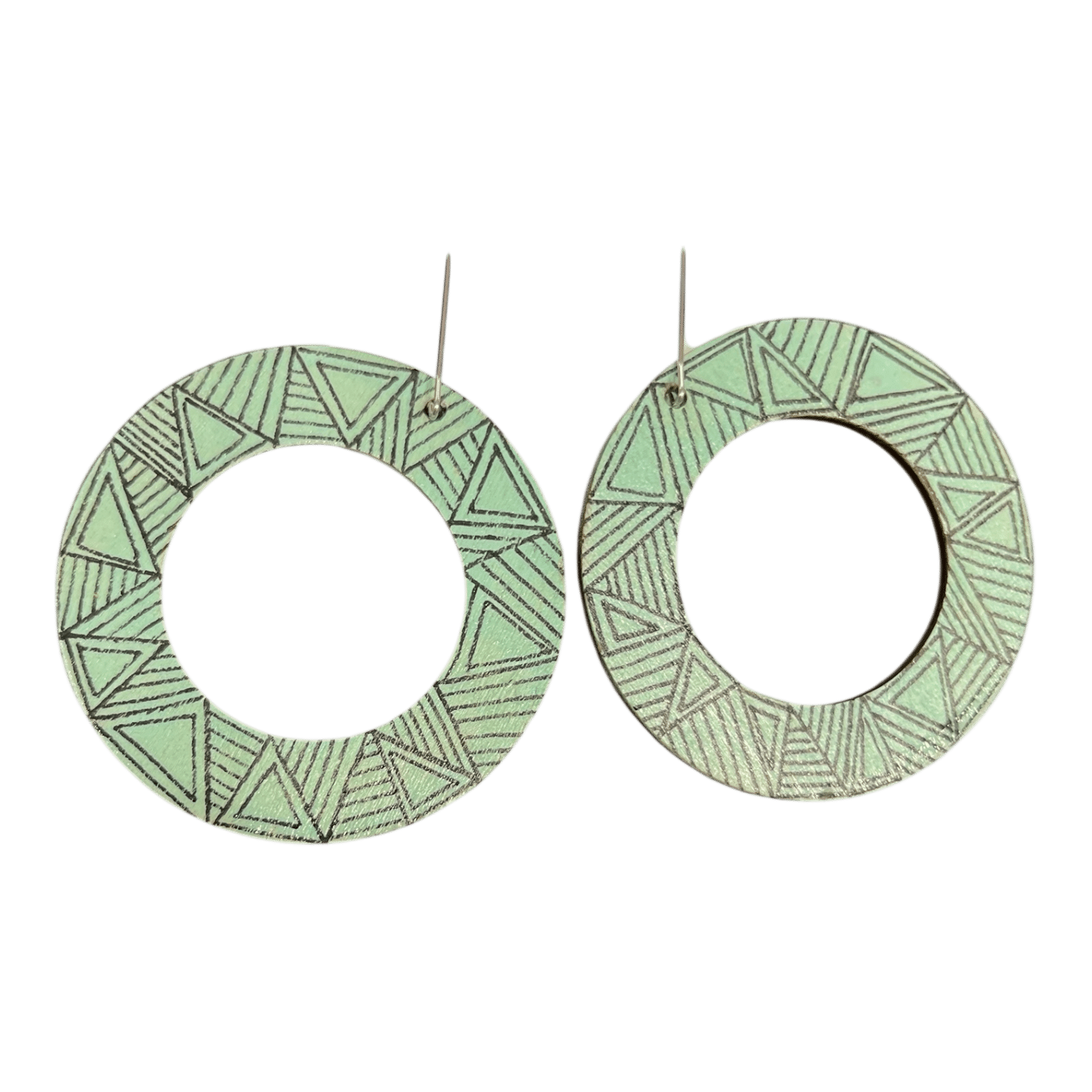 Minted Maze Hoops – mint green round earrings with etched geometric line and triangle patterns.