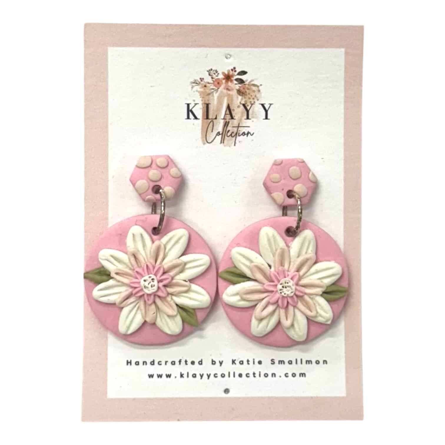 Handmade Sweet Peony Earrings by Klayy Collection — pink polymer clay floral earrings with soft pastel blooms and dotted studs.
