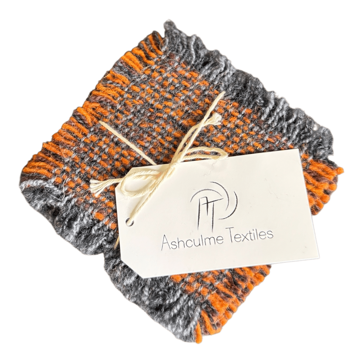 Orange and grey merino-alpaca coasters handwoven and naturally dyed. Inspired by campfires and handcrafted with love.