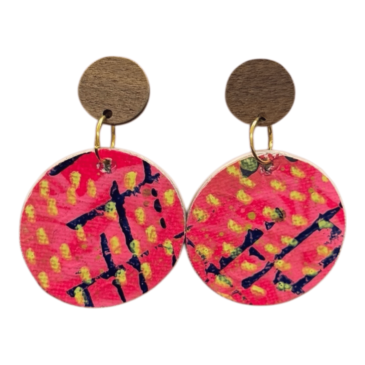 “Hot Pink Graffiti” hand-painted eco earrings by Lindy Farley — bold, bright, and made from recycled coffee pods.