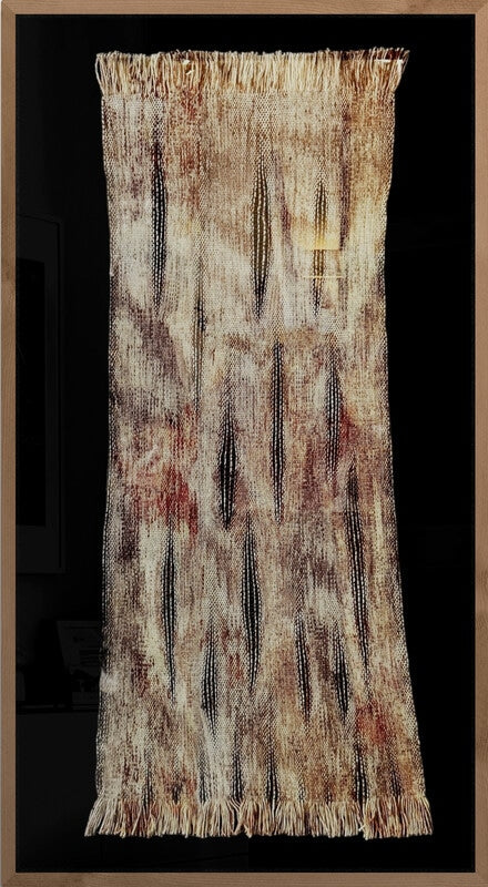 Discover "Seed Pod Echoes" by Fiona Durman of Ashculme Textiles, a hand-woven artwork crafted from alpaca wool and silk thread, dyed with foraged plant colors. This framed piece captures the essence of nature and is ready to enhance any space with its organic beauty.