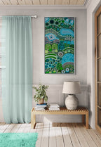 Greener Days by Gena Smith is a lush, layered abstract oil painting in deep greens and teals, full of texture and movement. Float framed in white.
