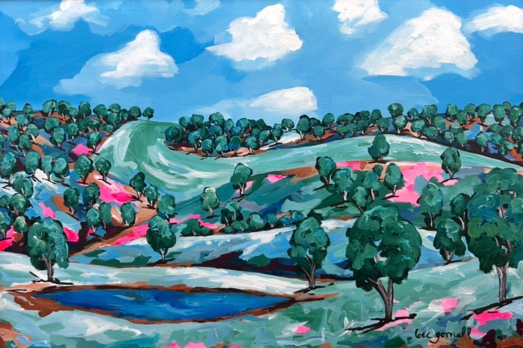 Rebecca Gornall’s vibrant new Riverina landscapes debut at the Sydney Affordable Art Fair—bold, colourful works that celebrate country life with warmth and joy.
