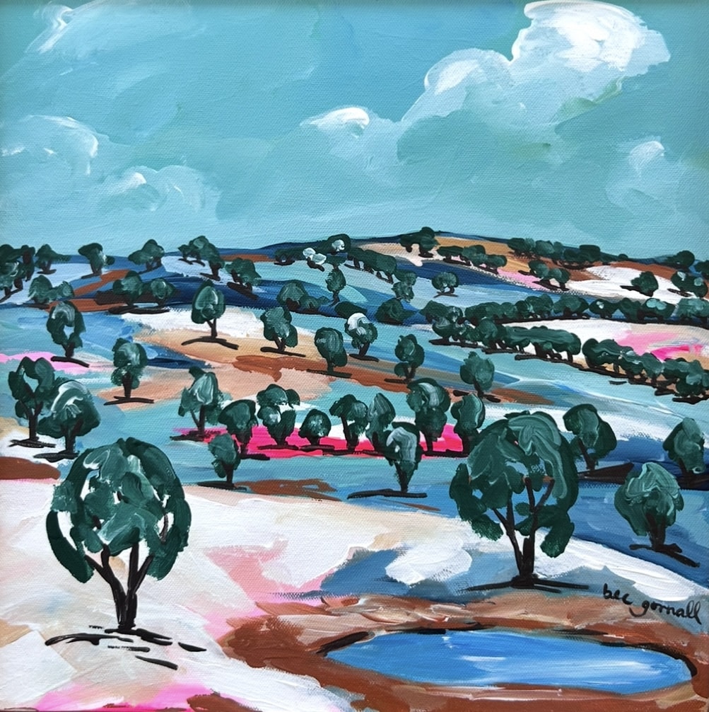 Rebecca Gornall’s vibrant new Riverina landscapes debut at the Sydney Affordable Art Fair—bold, colourful works that celebrate country life with warmth and joy.