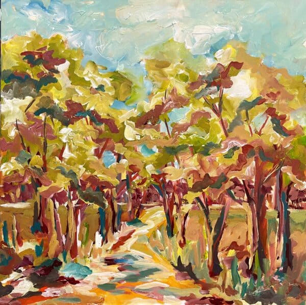 "A Walk After Rain" by Maggie Deall is a serene acrylic landscape of the Australian bush after rain. Float framed in Australian oak, 63cm x 63cm.