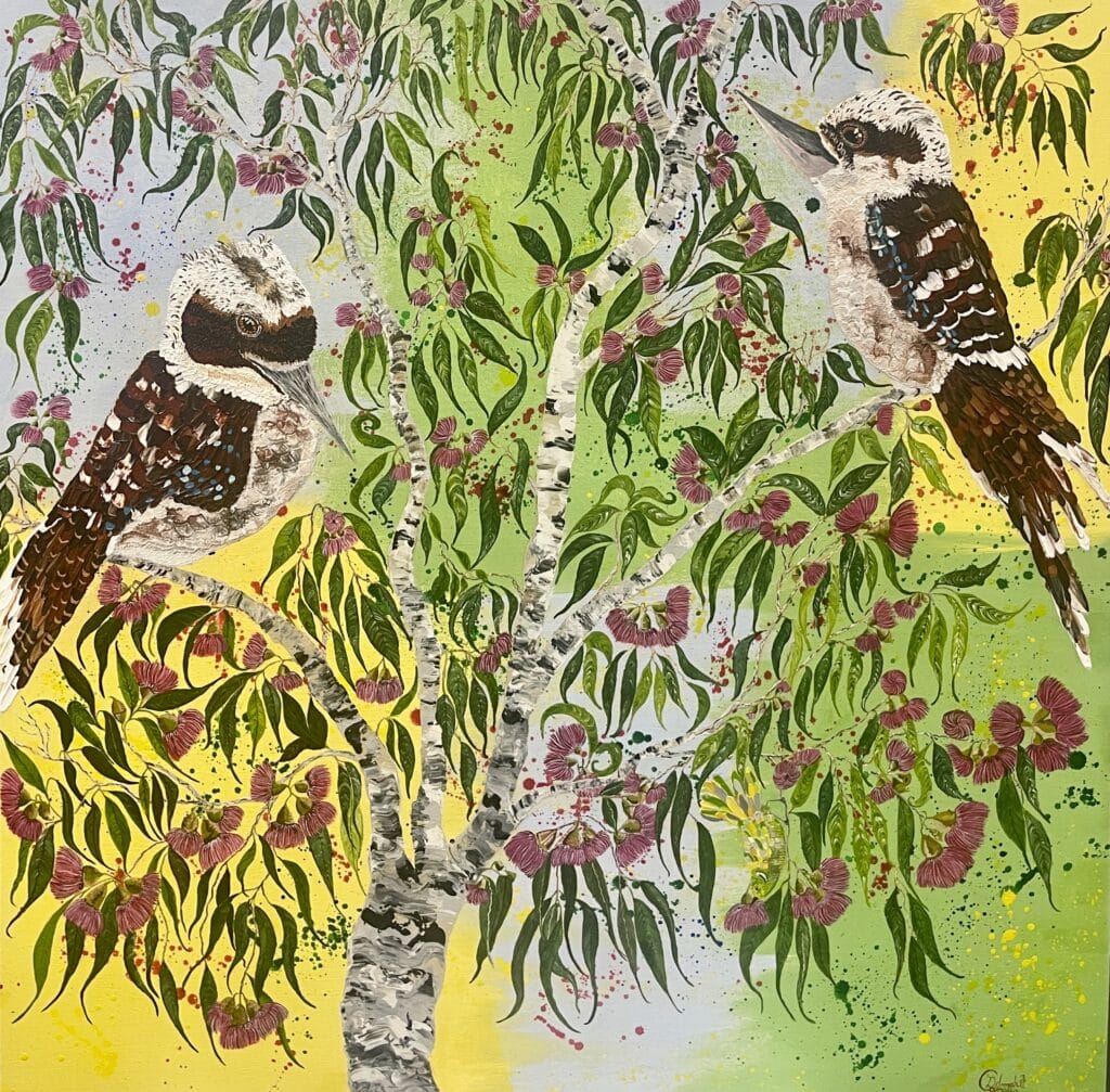 Celebrate Australia's unique wildlife with "Home Amongst the Gumtrees" by Deborah Carroll. This vibrant artwork features charming kookaburras amidst lush gumtree foliage, capturing the essence of the Australian bush.