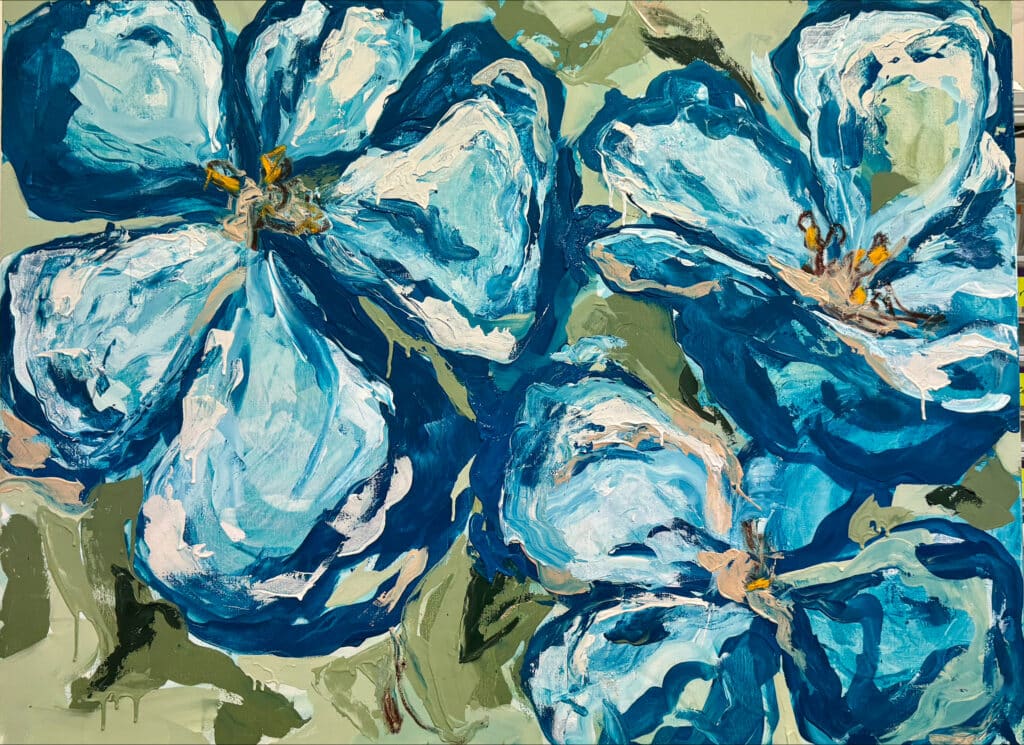 "The Poppies in Teal 2" by Maggie Deall is a 122cm x 91cm acrylic artwork of abstract teal florals. Float framed in oak, it’s elegant and contemporary.