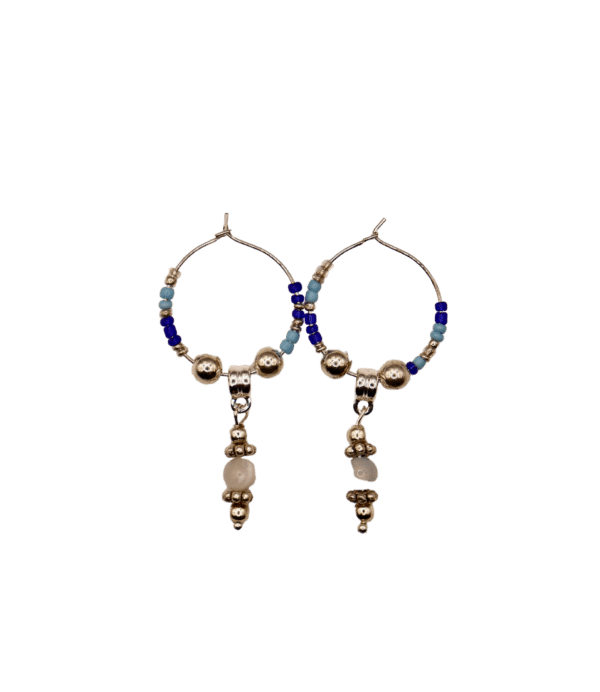 Blue Glass & Silver Drop Hoops