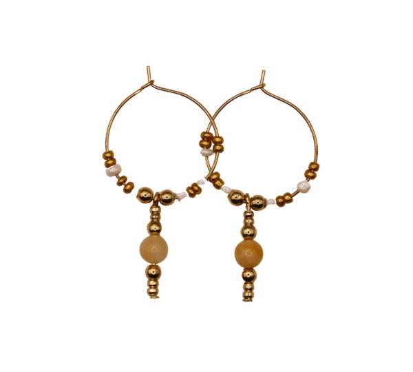 Tan Quartz & Antique Gold Drop Hoops